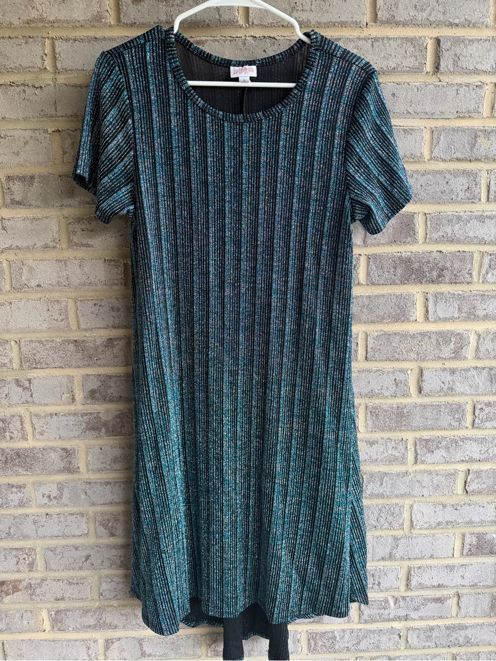 LuLaRoe Teal Metallic Glitter Sparkle Ribbed Short Sleeve Shift Dress S